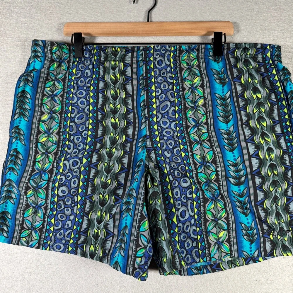 Speedo Mens Vintage Tribal Geometric Print Swim Trunks Blue Teal XL 90's